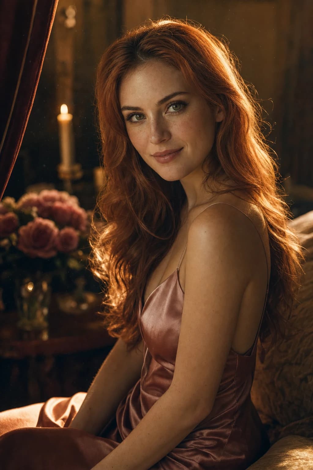 Ashley the Confidante — warm copper-haired companion in a candlelit chamber