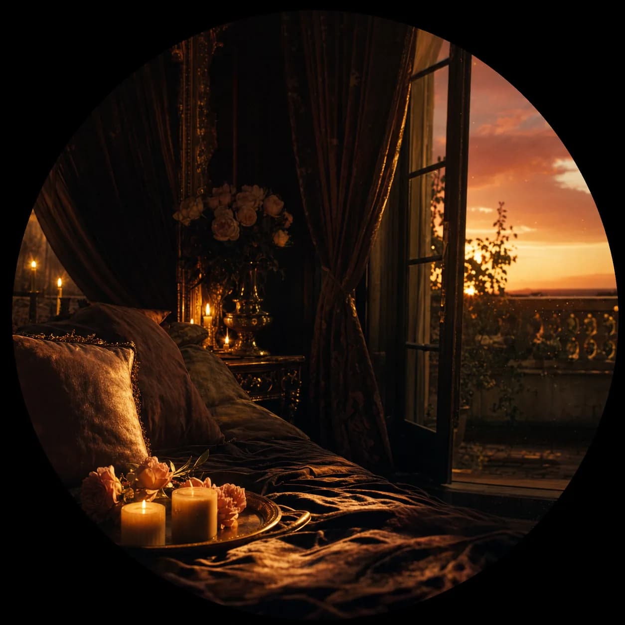 Candlelit chamber with velvet drapes and a golden dusk beyond an open window